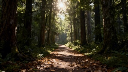 A scenic dirt path winds through a dense, sun-drenched forest, where sunlight filters through the tall canopy and illuminates the fallen autumn leaves on the ground.
