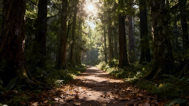 A scenic dirt path winds through a dense, sun-drenched forest, where sunlight filters through the tall canopy and illuminates the fallen autumn leaves on the ground. - Powered by Adobe