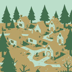 A stylized illustration of a quaint village with numerous houses and winding paths surrounded by tall pine trees in a limited color palette.