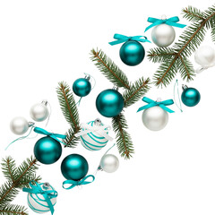 Teal and white christmas ornaments with pine needles on white background