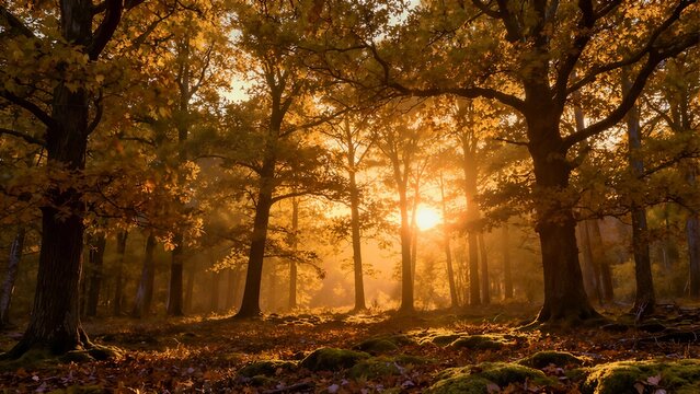 Golden hour light streams horizontally through the thick trunks of an autumn oak forest, creating a warm, misty glow and illuminating the orange and yellow fallen leaves.