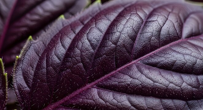 Vivid dark purple Opal Basil leaf macro detailed natural texture background