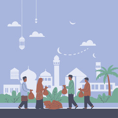 Illustration of people giving alms in front of a mosque during Ramadan.