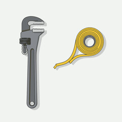 A gray adjustable pipe wrench and a coiled yellow measuring tape are shown against a light gray background.
