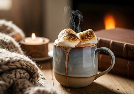 Steaming hot cocoa with melting marshmallows in a cozy setting - Powered by Adobe
