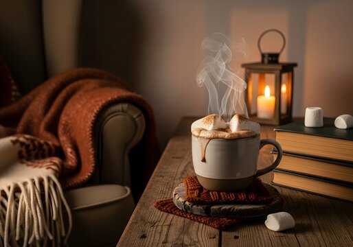 Steaming hot cocoa with melting marshmallows in a cozy setting