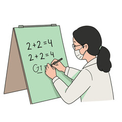 A person wearing a mask writes on a board with mathematical equations.
