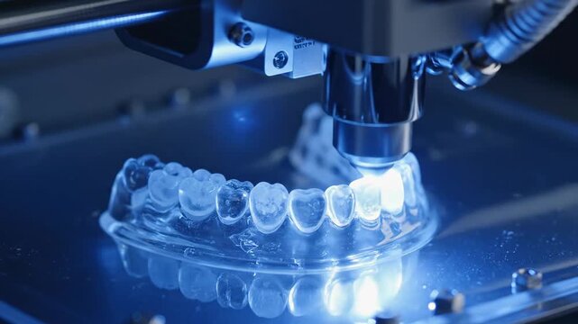 3D printer constructing transparent dental arch model under blue light, reflecting on a clear surface