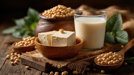 Fototapeta premium Fresh Soy Products Displayed on Rustic Wooden Table with Soybeans, Tofu, and Soy Milk in Natural Setting
