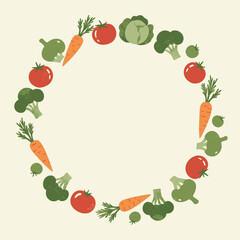 A circular wreath frame made of illustrated fresh vegetables including carrots, tomatoes, and broccoli on a cream background.