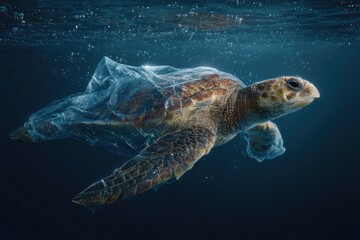 Fototapeta premium Sea turtle swimming in blue ocean water, trapped by a clear plastic bag