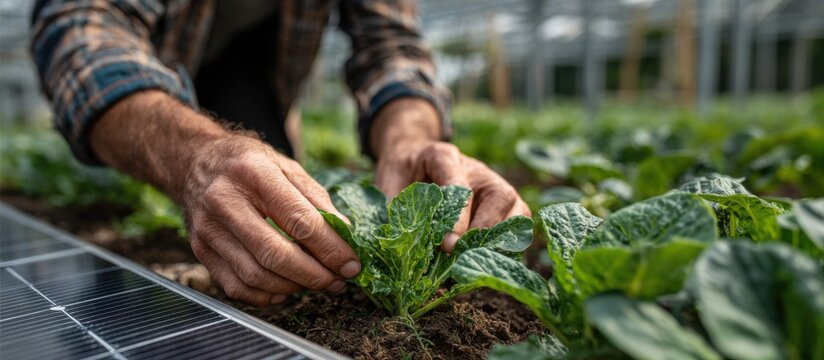 Sustainable Farming Practices: Hands Tending to Lush Green Crops in a Modern Greenhouse with Solar Panels - Powered by Adobe
