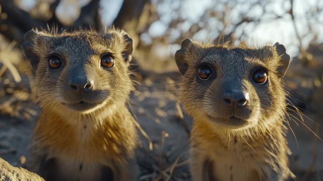 Two curious honey badgers in a dry desert environment.