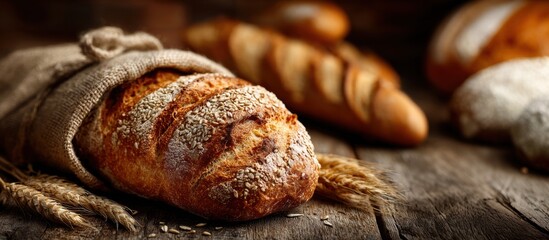 Freshly Baked Artisan Bread Loaves on Rustic Wooden Table with Wheat and Burlap Sack in Warm Natural Light