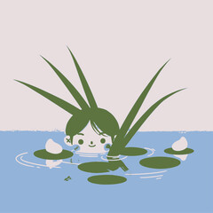 A whimsical illustration of a cute character with plant-like hair emerging from a pond with lily pads.
