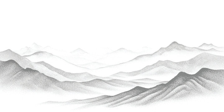 Grayscale minimalist mountain range landscape illustration with misty fog on white