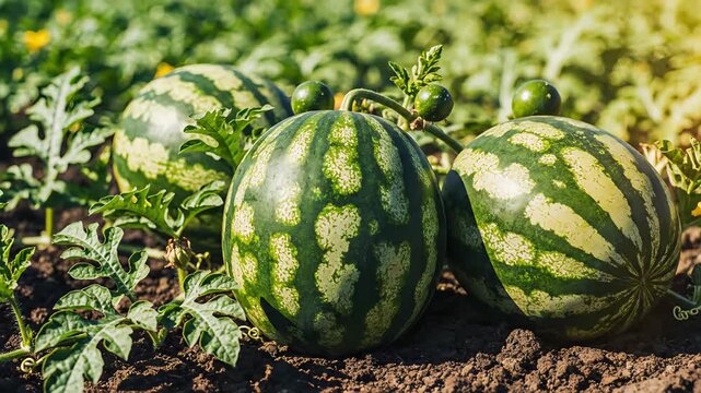 Freshly planted watermelon seedlings emerge from rich soil, showcasing growth progression, camera pans across the field capturing vibrant green foliage and developing fruits