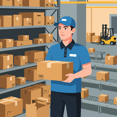 Warehouse Worker Holding Package by Shelves and Conveyor Belt