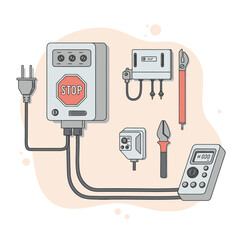 Collection of electrical control devices, testing equipment, and tools for industrial applications.