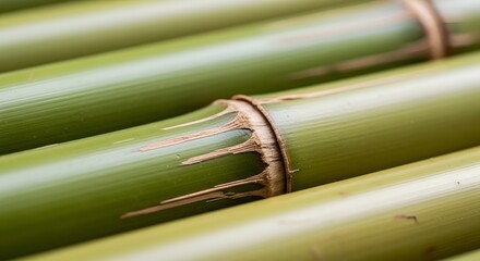 Close-up of Fresh Green Bamboo Canes Tied Together - Sustainable Building Material, Natural Texture 