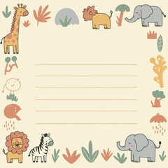 A charming illustration featuring a variety of adorable safari animals surrounding a lined notepad.