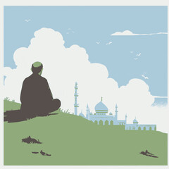 A Muslim man in silhouette sits on a grassy hill, peacefully contemplating a distant mosque under a cloudy sky.
