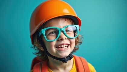 Smiling boy wears orange helmet bright aqua glasses and backpack. Child ready for adventure. Kid looks happy cheerful energetic with excited facial expression. He has curly hair. Safety concept.