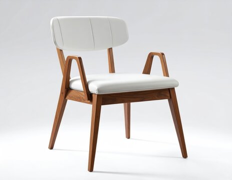 Sleek white chair with wood frame and armrests