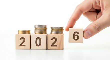 Wooden blocks forming 2026 with coins on top