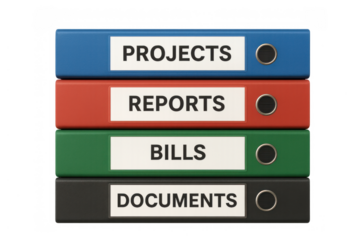 Stacked ring binders organizing projects, reports, bills, and documents, representing efficient business data management