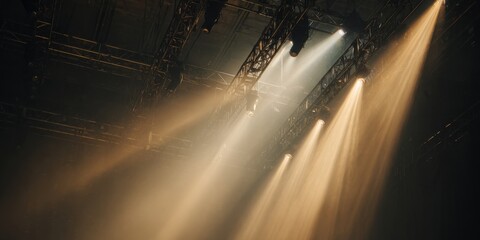 Stage Lighting Beams Illuminating Dark Concert Venue. Dramatic Atmosphere For Live Performance