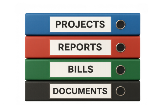 Stacked ring binders organizing projects, reports, bills, and documents, representing efficient business data management