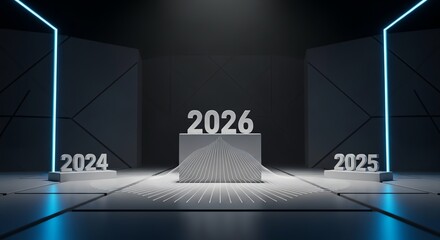 Year markers 2024, 2025, 2026 futuristic display