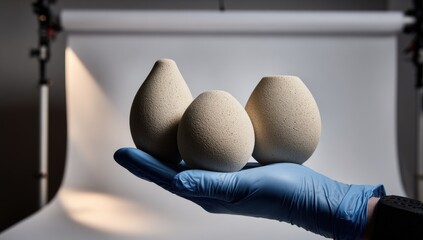 Blue-gloved hand displays three textured, beige, organic, solid shapes in a studio