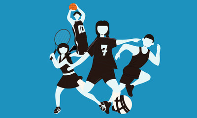 Flat illustration of diverse athletes playing different sports on a blue background &mdash; basketball, tennis, football and running. Modern sport concept, active lifestyle, youth physical activity.