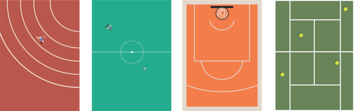 A set of flat minimal sport field illustrations including tennis court, football field, basketball court, and running track layouts. Perfect for posters, infographics, web design, and educational mate