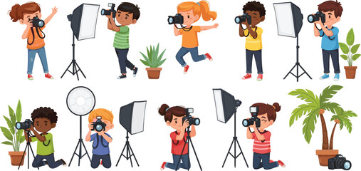 Cartoon children photography, kids with cameras, photo shoot scene, tripod, softbox, umbrella light, playful setup, colorful props, palm tree, studio gear, fun activity