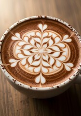 Close-up of hot cocoa with intricate latte art (snowflake/heart)