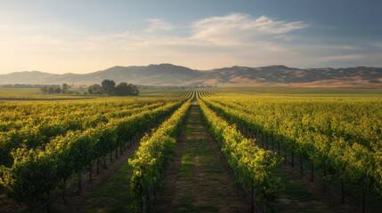 Fototapeta premium Vineyard Landscape With Rows Of Grapevines And Distant Hills. Scenic View Of Agricultural Land At Sunset