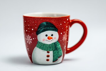 Festive red mug with a charming snowman illustration and white snowflakes