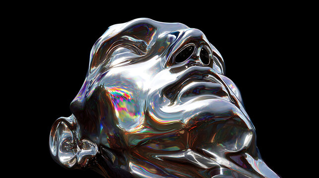 Liquid chrome face sculpture with iridescent reflections liquid metal human
