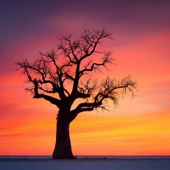 Dramatic Baobab Tree Silhouette Against Vivid Sunset Sky