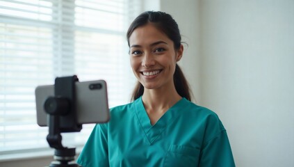A smiling woman in scrubs records herself for a telehealth or educational video indoors.