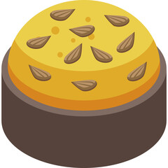 Isometric illustration of a dessert topped with almonds and seeds in a brown bowl