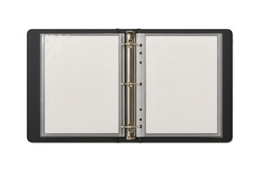 Open black ring binder displaying blank grid paper pages and metallic rings, providing copy space for business or education mock-ups