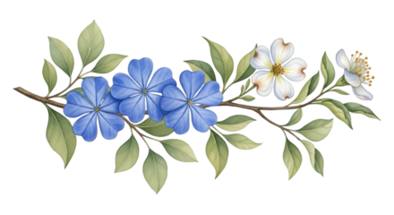 Blue and White Flowers on a Branch with Green Leaves