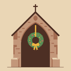 A detailed illustration of a church entrance adorned with a festive Christmas wreath.