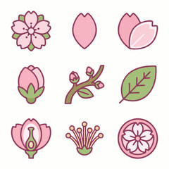 Cherry Blossom Icons Set – Sakura Flower, Petals, Buds, Branch and Japanese Floral Elements Vector Illustration