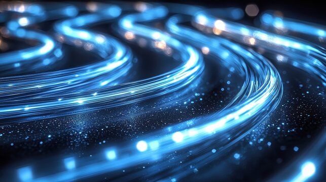 Optical fiber macro blue light trails flowing through curved fiber optic cables dark background technology communication