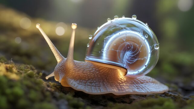 Ultra realistic, a snail with a perfectly clear, transparent shell, glowing blue on moss a close-up of nature's.